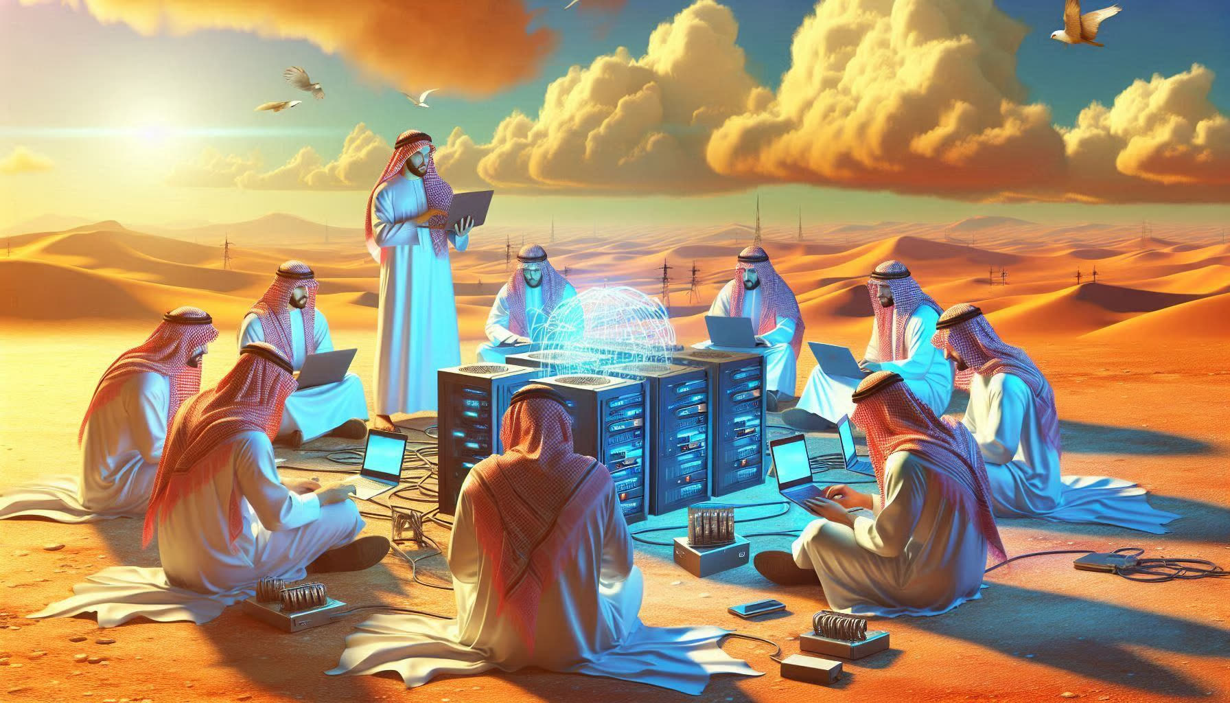 People working on laptops beside server racks in the desert