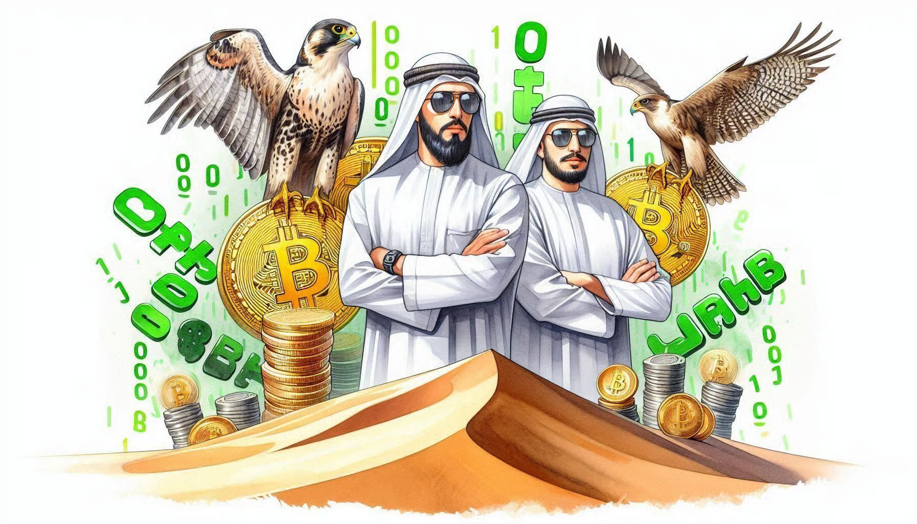 Two men in kanduras with falcons guarding a chest of coins